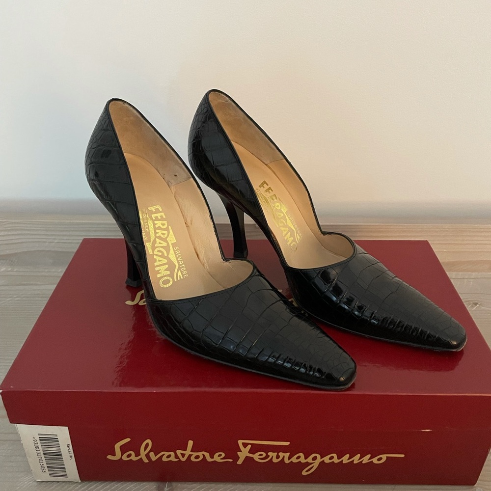 Salvatore Ferragamo Black Alligator Pump